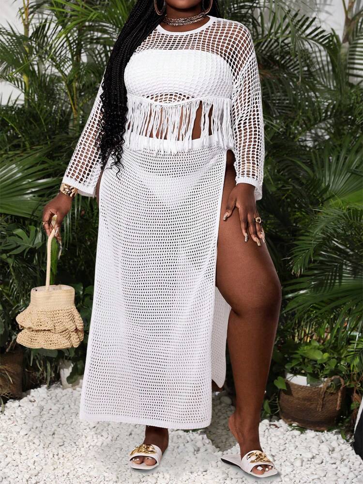 Women's Plus Size 2pcs/Set Sexy Solid Color Sweater With Fringe Drop Shoulder And Hollow Knit Midi Skirt With Slit, Perfect For Holiday, Summer