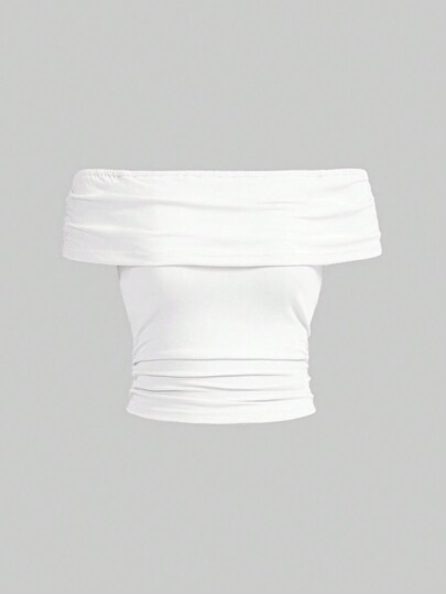 Camiseta corta de hombros descubiertos de ajuste ceñido de unicolor para verano, escuela