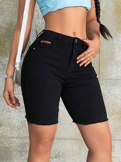 90年代街頭高腰彈性斜口袋生邊緊身短褲