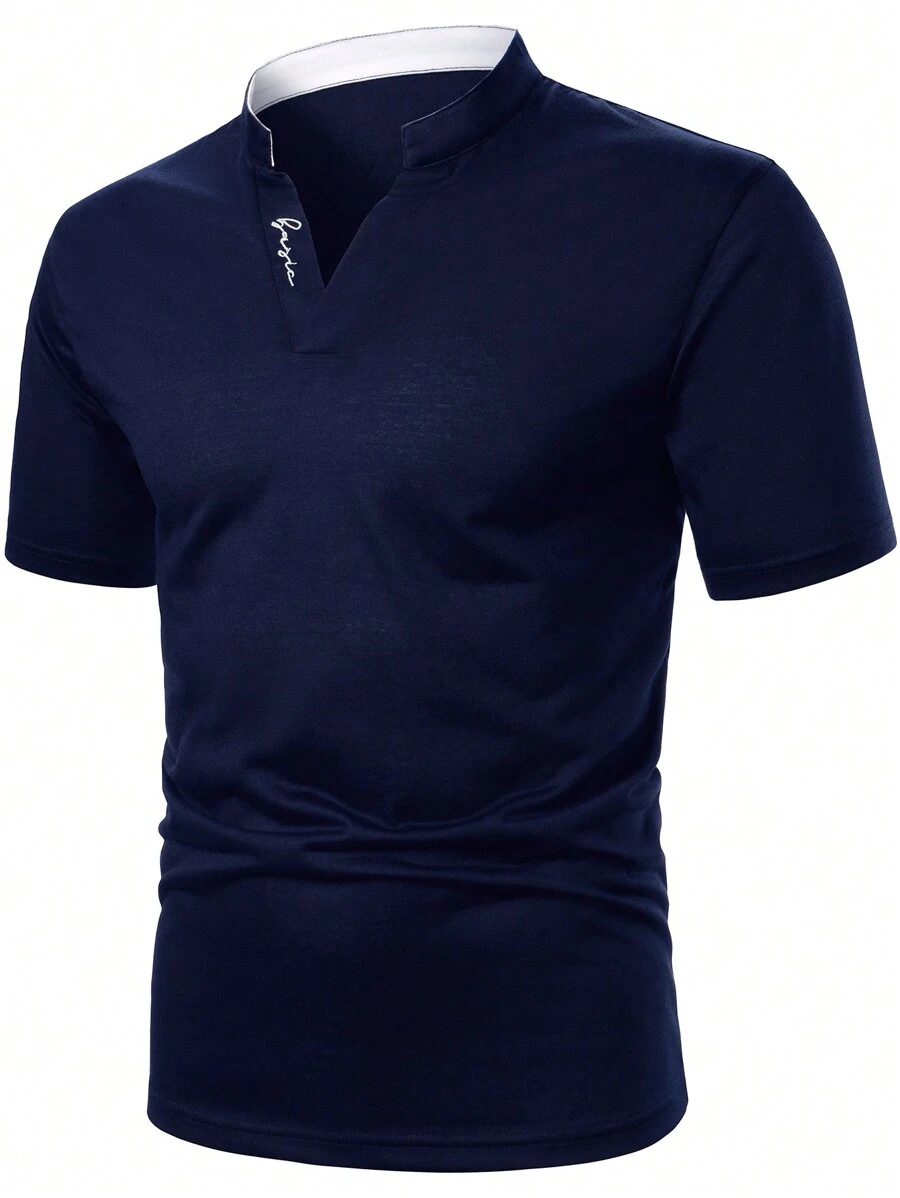 Manfinity Homme Men's Summer Short Sleeve Polo Shirt With Letter Embroidery And Stand Collar - Navy Blue - View 1