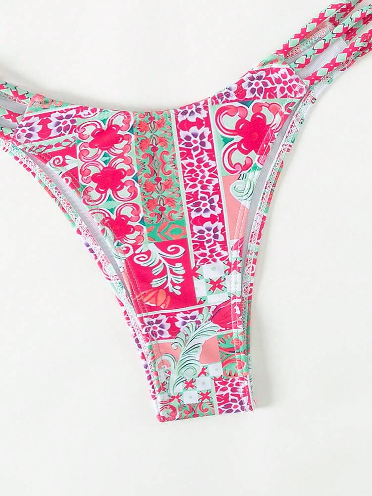 Summer Beach Women's Retro Printed Beach Swimwear Set With Bra And Shorts Separated Bikini