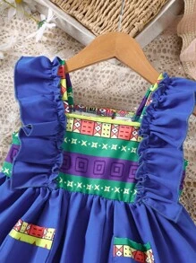 Vestido Con Ribete De Volantes Y Estampado Al Azar Para Bebé Niña - Azul - Ver 3