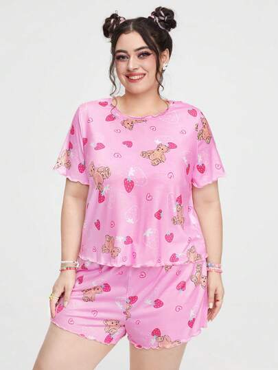 Kawaii Plus Size Cute Strawberry & Bear Design Comfortable Cami Pajama Set