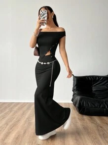 SHEIN EZwear 女士简约露肩背心和长裙两件套，适合日常穿着 - 黑色 - 查看 5