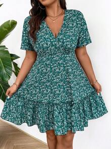 Breezaya 大尺碼夏日假期花卉印花裙子,有荷葉邊和帝國腰身設計 - 綠色 - 查看 5