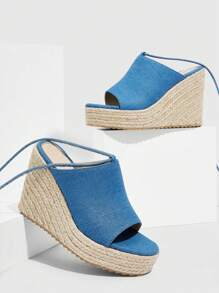 Styleloop Women Minimalist Sandals, Vacation Denim Blue Strappy Wedge Sandals - Blue - View 4