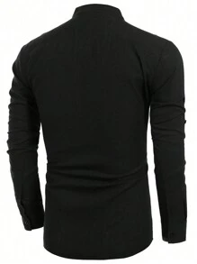 Men's Retro Vintage Coin Pattern Solid Color Roll-Up Sleeve Henley Shirt - Lightweight Breathable, Versatile Casual Wear For All Seasons - Black - View 2