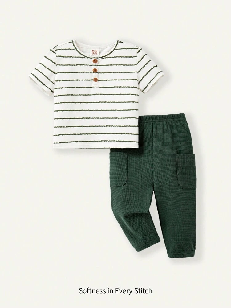 Baby Boy Striped Pattern Round Neck Half Button-Up Sweater And Solid Casual Pants Two Pieces Outfits