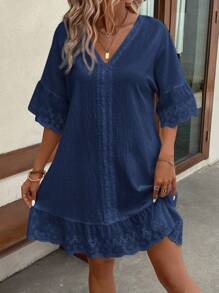 EMERY ROSE Lace Splice V-Neck Lotus Leaf Trim Decor Summer Casual Dress,Summer Dresses For Women - Navy Blue - View 4