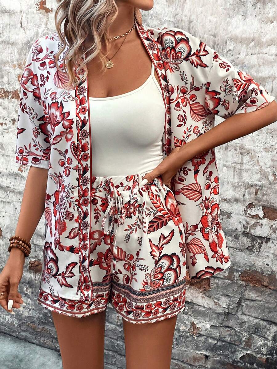 SHEIN LUNE 夏季女性藍白瓷印花和服風襯衫和短褲休閒海灘度假兩件套組 - 紅白色 - 查看 1