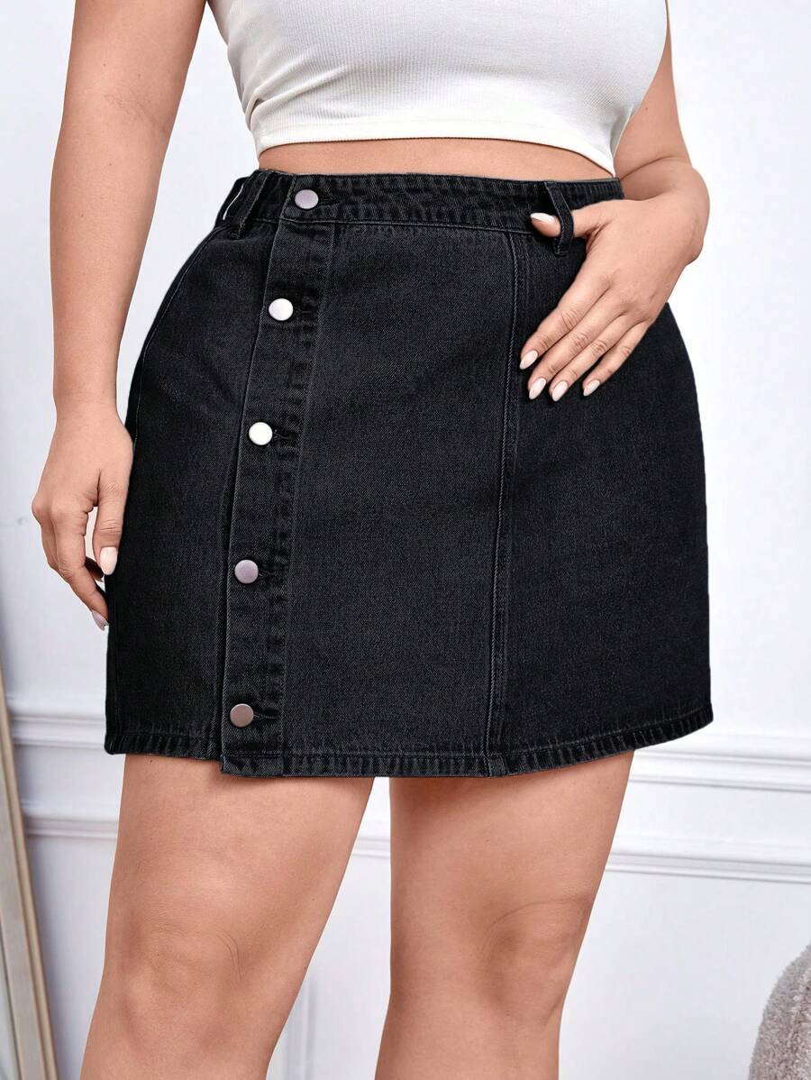 SHEIN Frenchy 大尺碼女士單排釦丹寧裙 - 黑色 - 查看 1