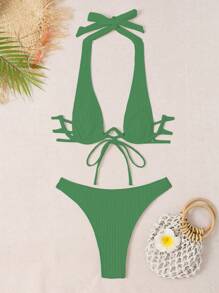 Swim SXY Summer Beach Women Fashionable Underwire Micro Separated Bikini Set - Green - View 6