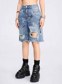 ROMWE Grunge Punk Lỏng lẻo Thẳng Viết tháu Ánh sáng Xanh Đau khổ Quần short Denim Đối với phụ nữ - Màu xanh lam - Xem 5