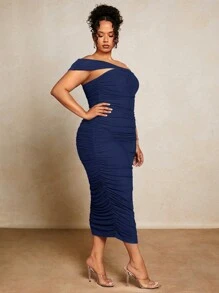 SHEIN BAE Váy bodycon xếp ly trơn màu cỡ lớn mùa hè - Màu xanh hải quân - Xem 6