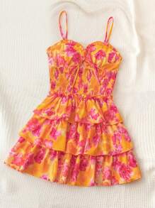 Soleia Wywh Women's Vacation Romantic Countryside Style 3 Tiered Ruffle Trimmed Sundress With Orange-Red Floral Watercolor Print And Cupped Design,Summer Dresses For Women