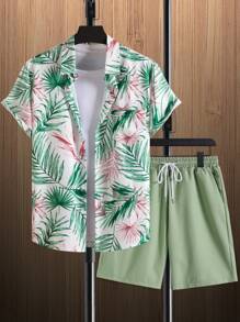 Manfinity RSRT 男士印花翻領短袖襯衫,前扣式設計,內含口袋短褲,2入組 - 彩色 - 查看 3