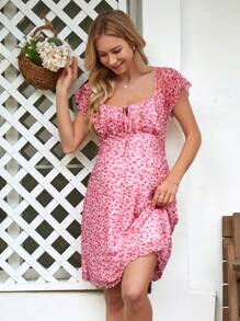 SHEIN Maternity Romantic Garden Square Neck Short Sleeve Short Length Bodycon Dress
