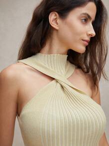 Anewsta Quý cô Knit ngọn Với Vàng Ánh sáng lung linh Chi tiết Và Xoắn Nút Ngực - Màu be - Xem 2