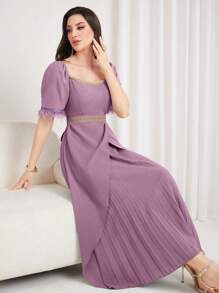 Modelyn Women's Square Neckline Short Puff Sleeve Pleated Dress - Purple - View 5