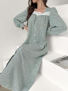 Mulvari Square Neckline Lace Splicing Front Button-Up Sleepwear Dress Long Dress, Fall - Green - View 7