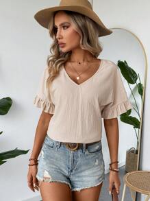 SHEIN LUNE Mùa hè giản dị Đơn giản & Thoải mái Của phụ nữ Làm việc Áo sơ mi Với Ngắn tay , Màu Quả mơ - Màu be - Xem 3
