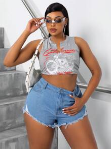 SHEIN SXY 大尺碼女裝高腰無彈性破洞牛仔短褲,時尚性感必備單品 - 藍色 - 查看 3