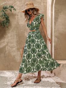 SHEIN VCAY Summer Holiday Leisure Halter Neck Top And Skirt Set Adorned With Ruffle Trim And Print - Green - View 6
