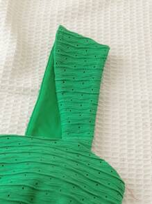 Soleia Women's Holiday Romantic Pastoral Green Jacquard Knit Crop Top With Back Tie Bow - Green - View 5