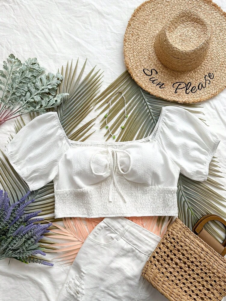 Women's Plus Size Solid Color Belted Off Shoulder Short Puff Sleeve Blouse