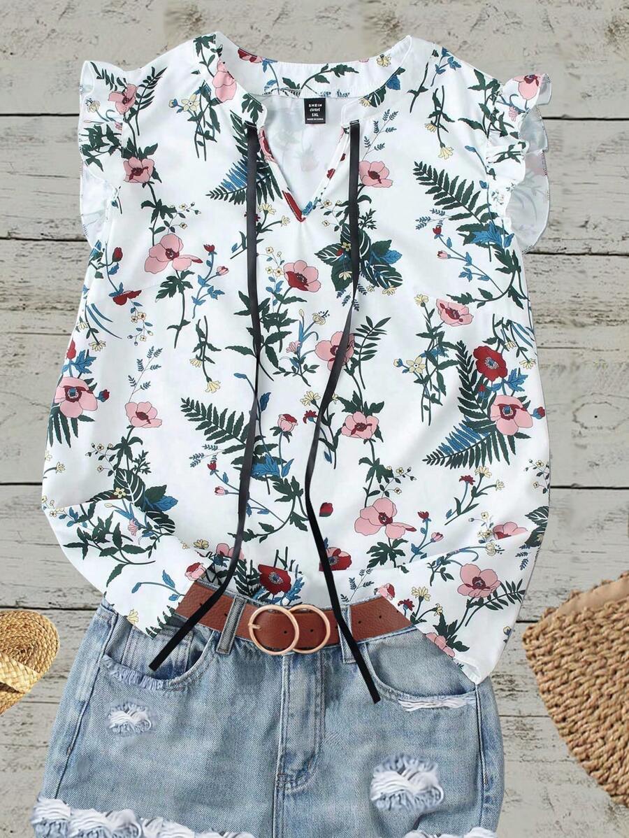 SHEIN LUNE Áo cánh cổ buộc bèo nhún in hoa Plus cho mùa hè - Nhiều màu - Xem 1