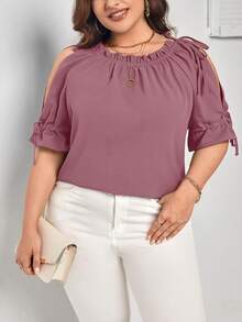 SHEIN Privé Camisa de talla grande de verano, color sólido, de hombros descubiertos y cintura ajustada con cordón - Rosa vieja - Ver 3