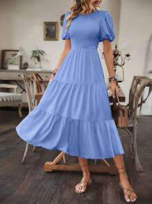 Breezaya 女士圆领纯色泡泡袖连衣裙，带荷叶边下摆，非常适合度假装扮，超长度假海滩装 - 淺藍色 - 查看 4