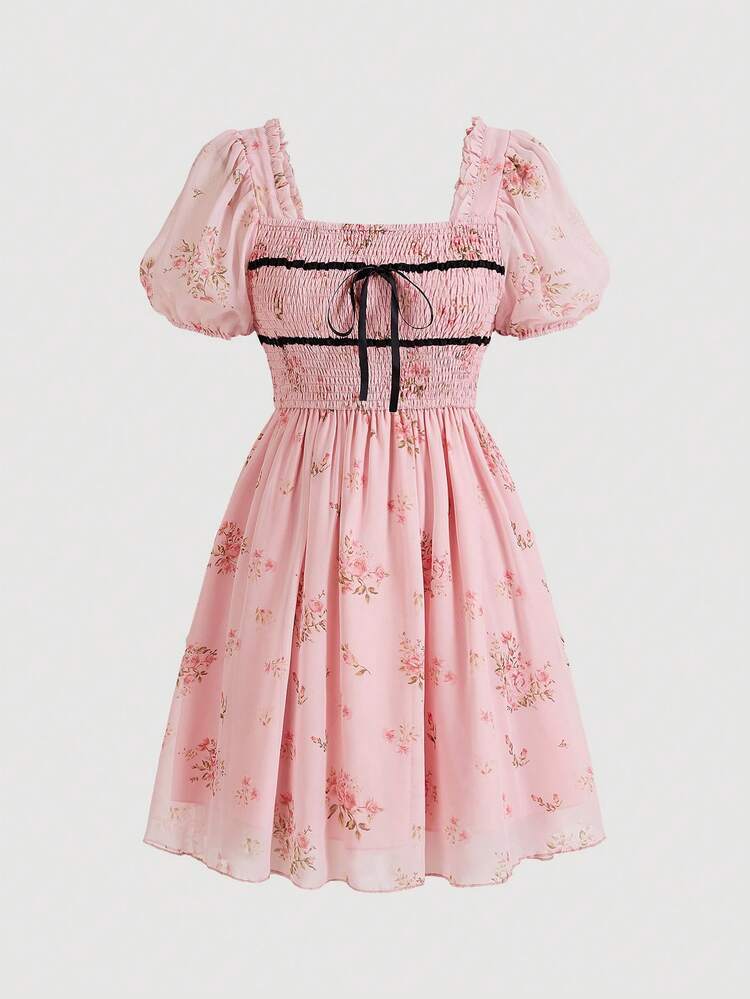 Summer Romantic Chiffon Floral Bubble Sleeves Women's Dress