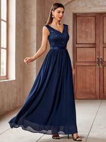 MIUSOL Elegant Navy Blue V-Neck Sleeveless Sequin Insert Floral Lace Chiffon Maxi A-Line Dress, Pleated Flowy Formal Gown For Evening Party, Wedding Guest, Prom - 藏蓝色 - 查看 6