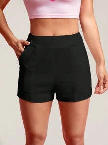 SHEIN PETITE 女性夏季純色修身短褲 - 黑色 - 查看 1