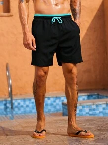 Surfspeed Men 2 In 1 Drawstring Waist Swim Shorts Milk Silk Lining - Black - View 6