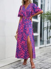 SHEIN Clasi Robe longue fendue jusqu'à la cuisse à encolure en V imprimée intégralement pour femmes
