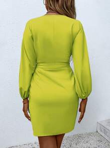 SHEIN Clasi Solid Color V-Neck Wrap Dress With Waist Belt - Mustard Yellow - View 2