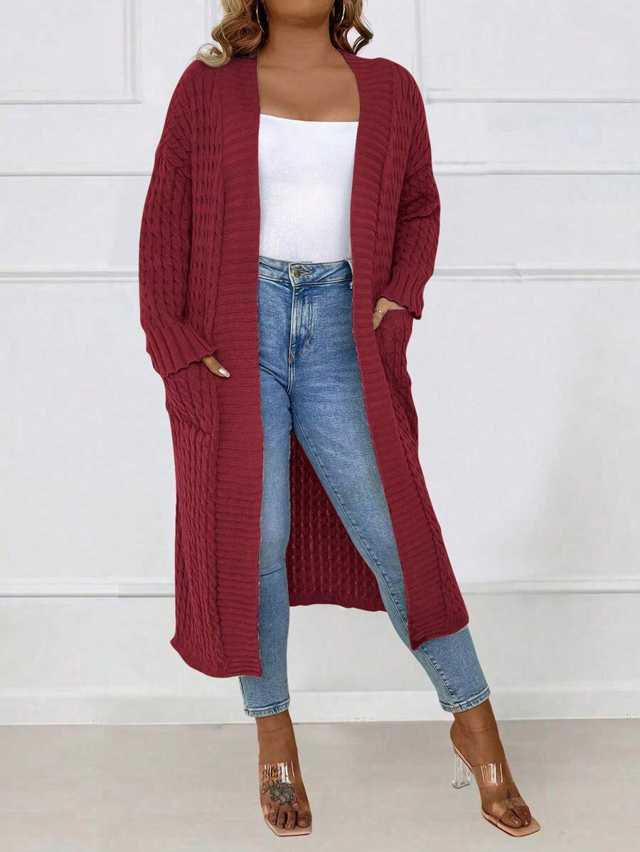 SHEIN LUNE 加大號針織雙口袋垂墜肩羊毛衫 - 紅木色 - 查看 1