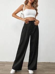 SHEIN Tall 彈性垂直條紋休閒直筒褲,適用於春季/夏季 - 黑色 - 查看 6