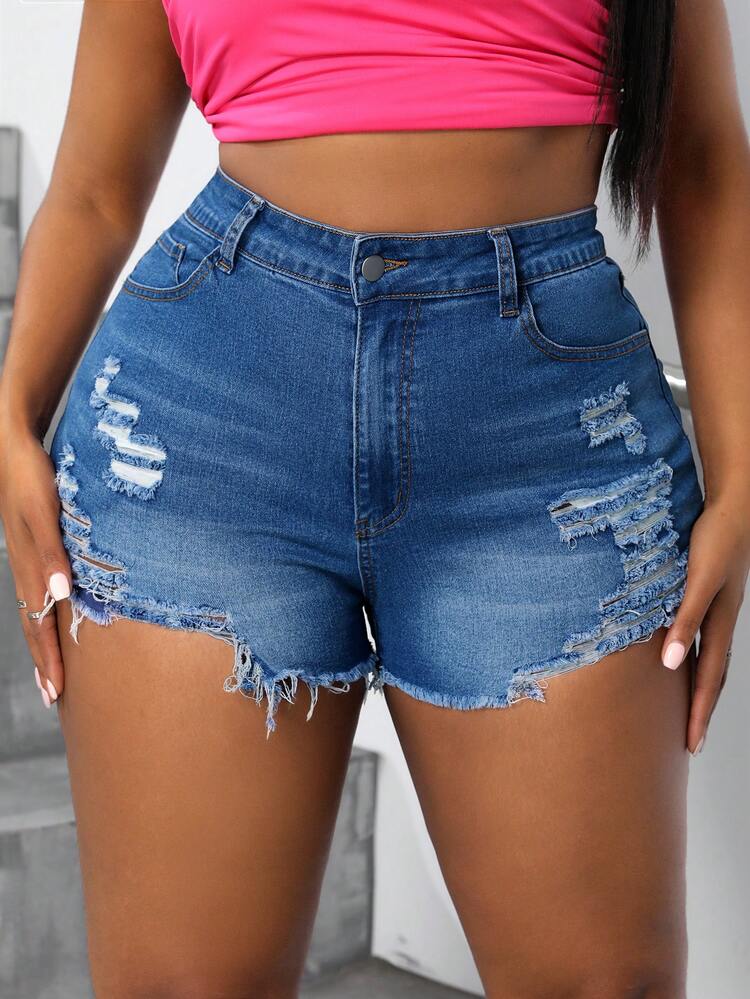 Plus Size Women's High Elasticity Mid-Waist Destroyed Fitted Sexy Hot Denim Shorts
