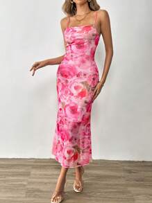 SHEIN Tall Mùa Xuân In hoa Hai Dây Dài Mùa hè Váy bodycon - Màu Hồng Tươi - Xem 1