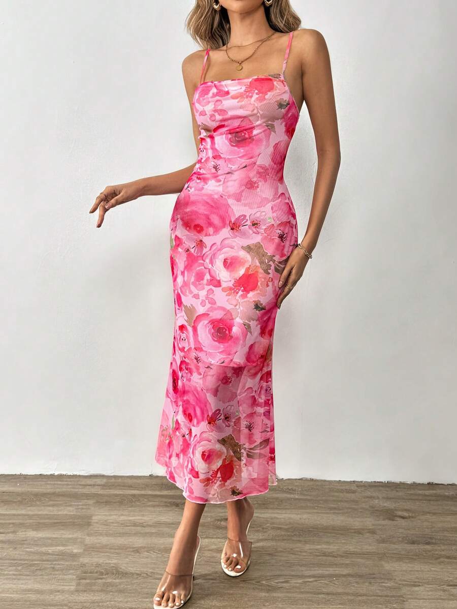 SHEIN Tall Mùa Xuân In hoa Hai Dây Dài Mùa hè Váy bodycon - Màu Hồng Tươi - Xem 1