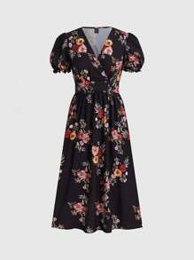 SHEIN Clasi Vestido maxi con escote en V, manga corta abultada y estampado floral para mujer