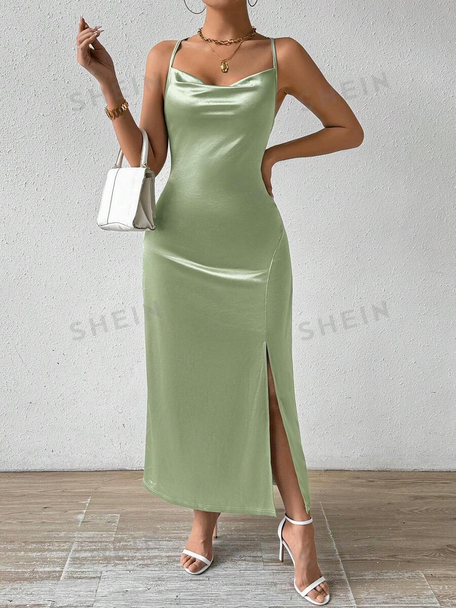 SHEIN Privé Satin Draped Neck Spaghetti Strap A-Line Backless Maxi ...