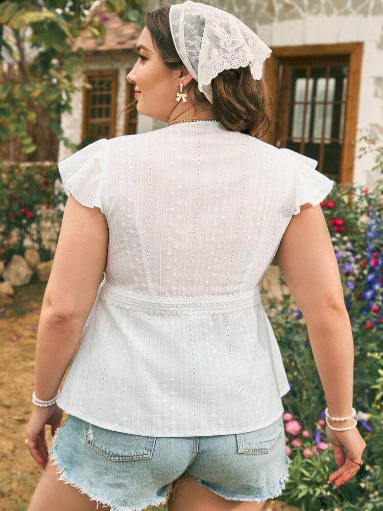 Plus Size Lace Trimmed Knot Front Sheer Schiffy Blouse