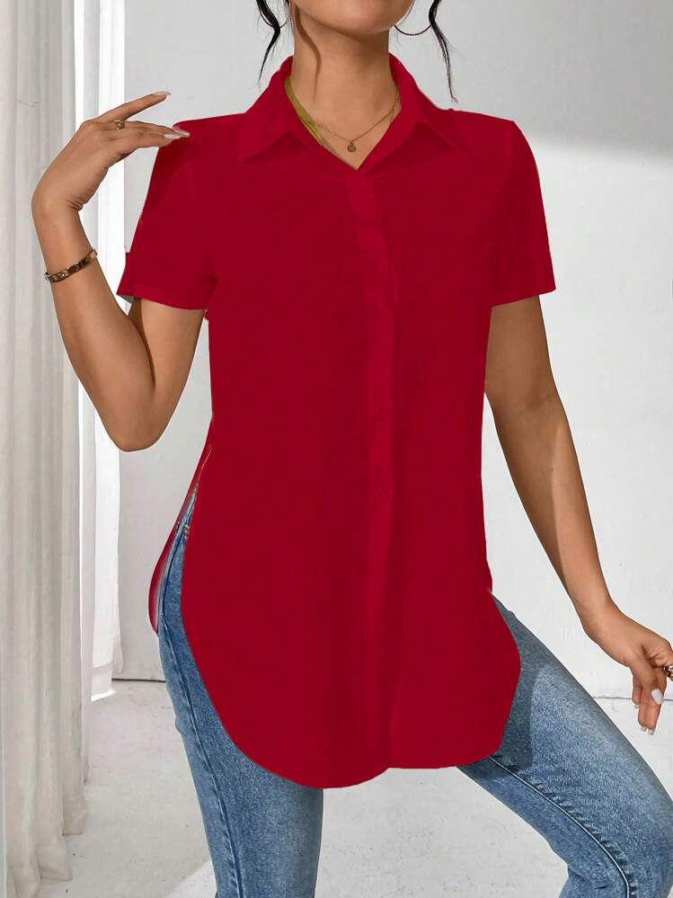 SHEIN LUNE Camisa de manga corta con bajo curvo de unicolor de verano para ropa de Año Nuevo, blusas de manga corta - Rojo - Añade 4