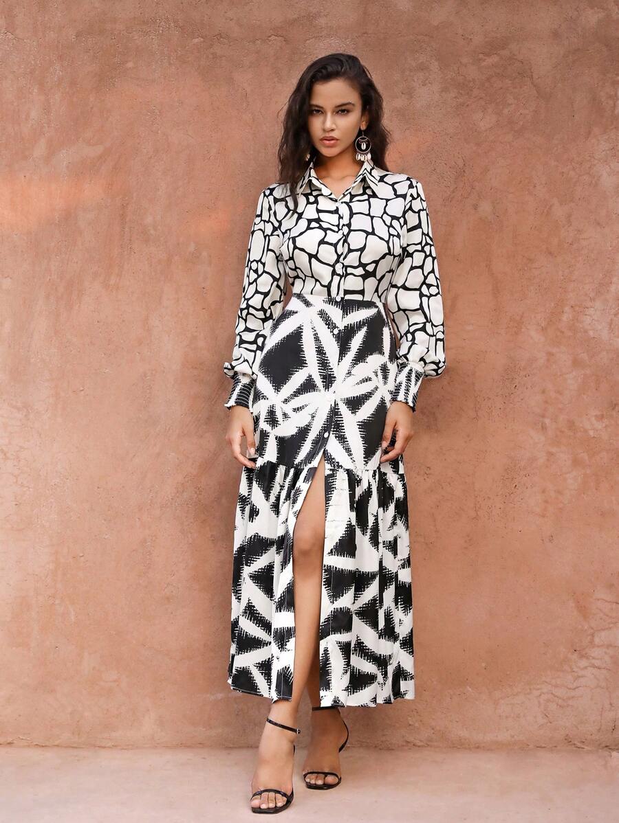 SHEIN Clasi Abstract Patchwork Printed Women Shirt Dress With Long Length And Cinching Waist - Multicolor - View 1