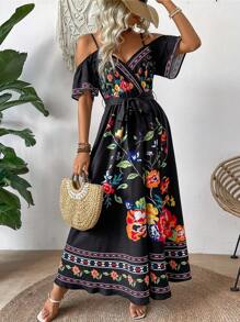 EMERY ROSE Vacation-Style Open Shoulder Printed Sundress Maxi Women Outfit - Multicolor - View 1