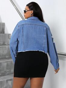 SHEIN SXY Plus Size Denim Jacket With Pockets, Holes, Frayed Edges, No Stretch - Medium Wash - View 4